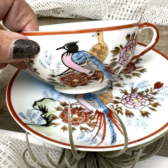 Hand-Painted Vintage Porcelain Tea Cup & Saucer Set With Bird & Floral Design - Picture 8 of 9